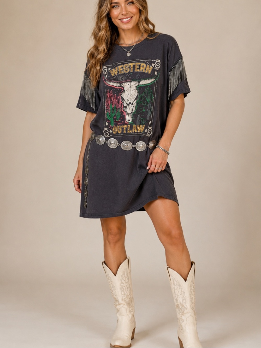 Sterling & Stitch Western Outlaw Graphic Fringe Tee Dress Size Medium